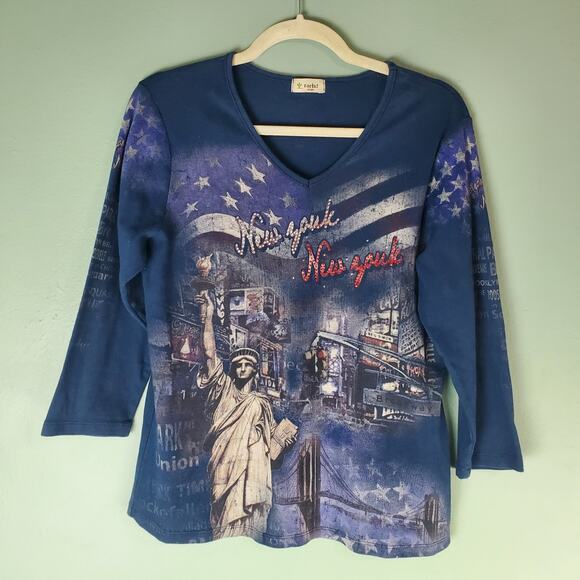Cactus Womens Blue New York Flag Statue of Liberty Long Sleeve Tee Size Large - Picture 1 of 5